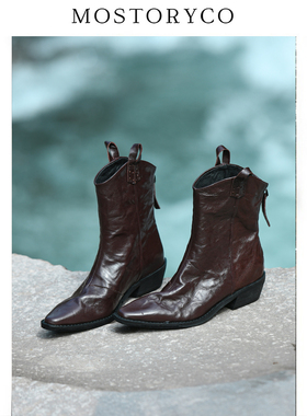 Mostoryco|意大利进口手抓水洗羊皮经典尖头短靴粗跟机车马丁靴女