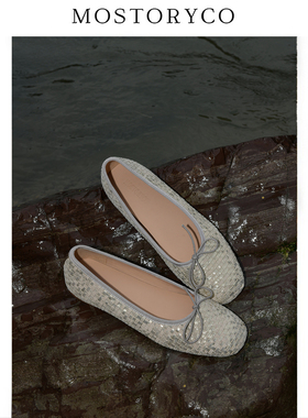 Mostoryco|鎏金真皮手工编织浅口平底鞋蝴蝶结时尚芭蕾舞鞋单鞋女