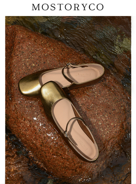 Mostoryco|法产油蜡小牛皮一字带玛丽珍真皮大底低粗跟浅口单鞋女