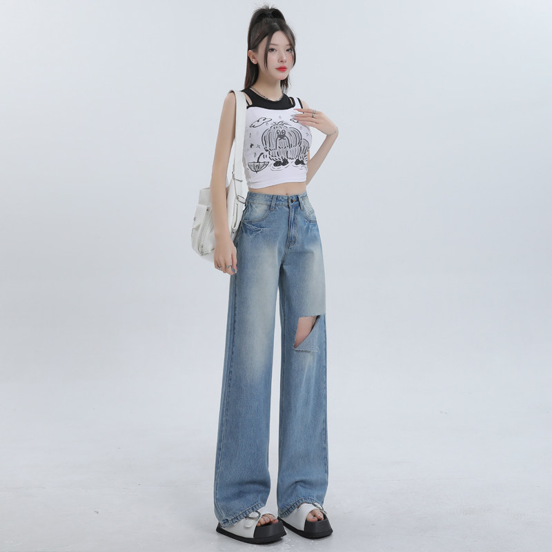 美式复古破洞牛仔裤女夏季2024深蓝色高腰显瘦直筒阔腿拖地长裤子
