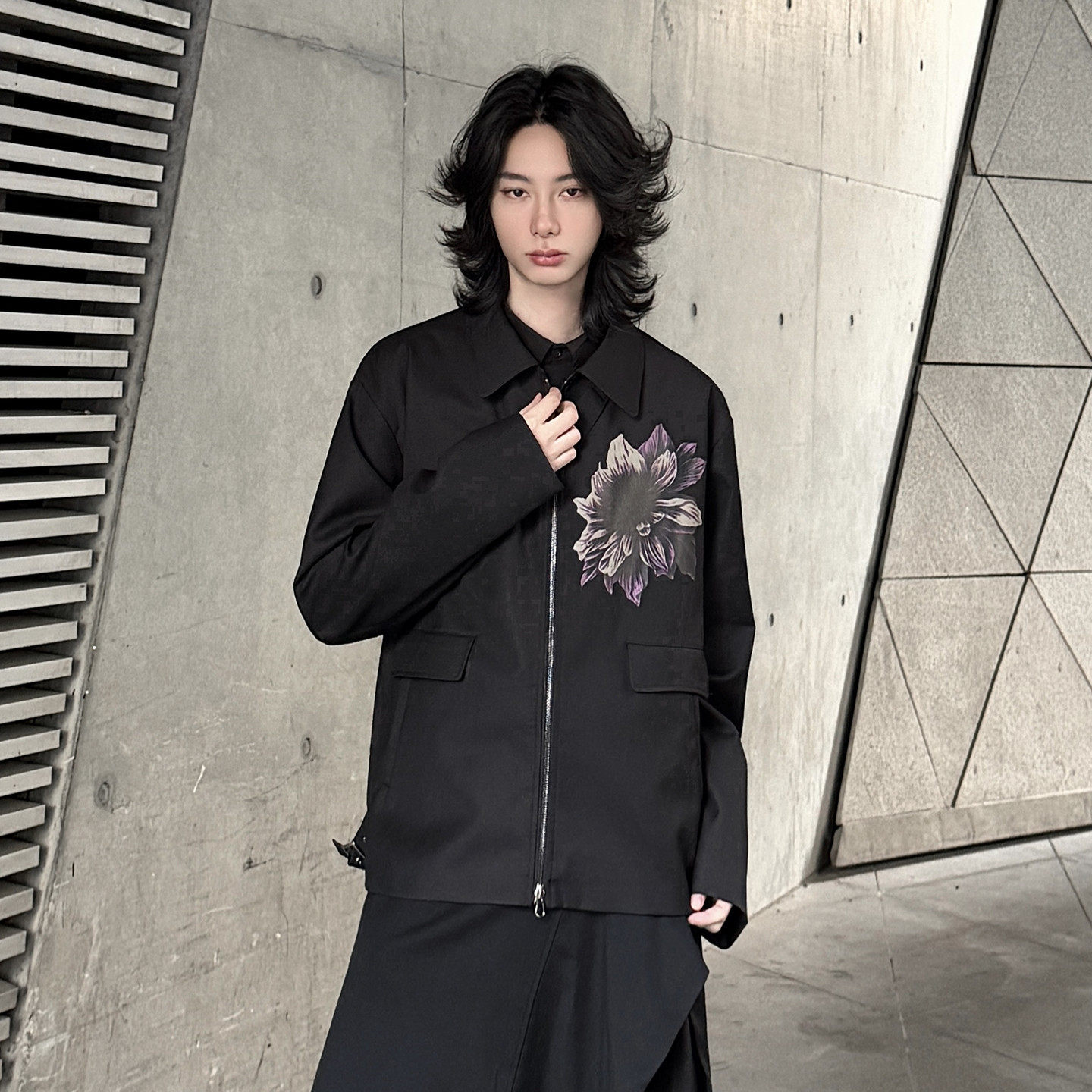 BLACKPOET 夹克男大丽花设计感植物花卉印花朵外套拉链上衣宽松