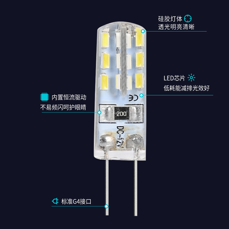 G4AC/DC3WLED灯珠12V低压小插脚灯泡硅胶玉米替换卤素灯低压安全
