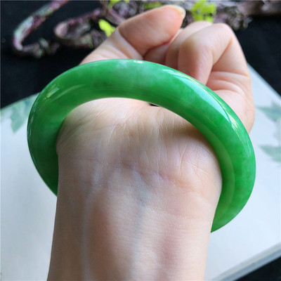 冰糯种满辣绿花圆条手镯女款