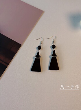 原创手作天然黑檀木黑曜石几何形耳环显脸瘦简朴新中式古风耳挂女