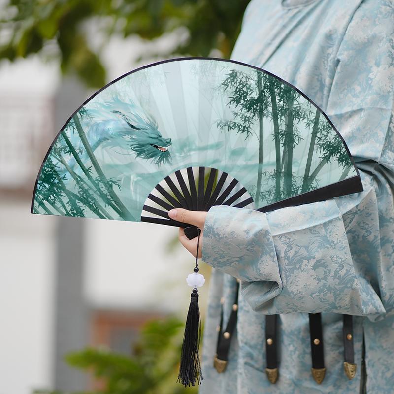 2025夏季中国风新中式晨袍汉服道具功夫扇复古风绢布竹子舞蹈扇子