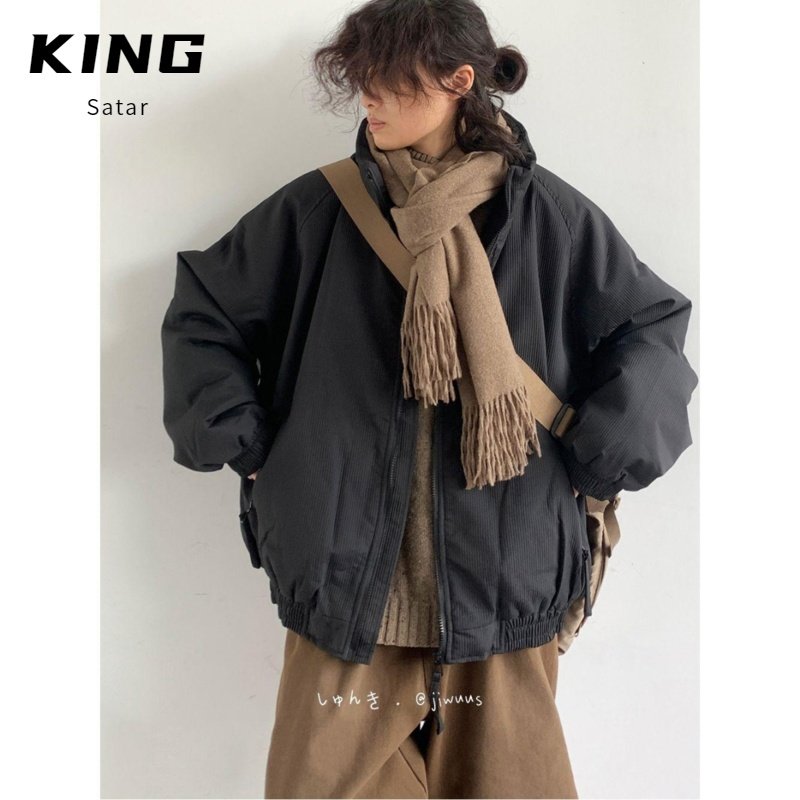 日系美拉德条纹肌理感立领棉服冬季加厚保暖复古宽松百搭棉衣外套