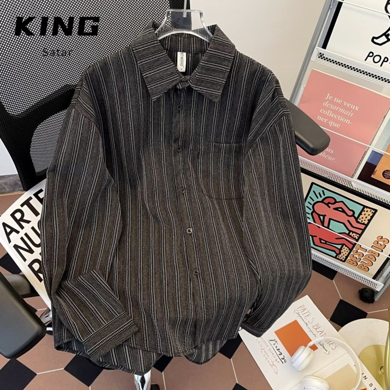 高级感vintage拼接条纹长袖衬衫男女简约小众开衫翻领bf衬衣外套