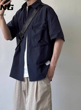 夏季日系复古机能工装风短袖衬衫男女生日常宽松百搭衬衣半袖上衣