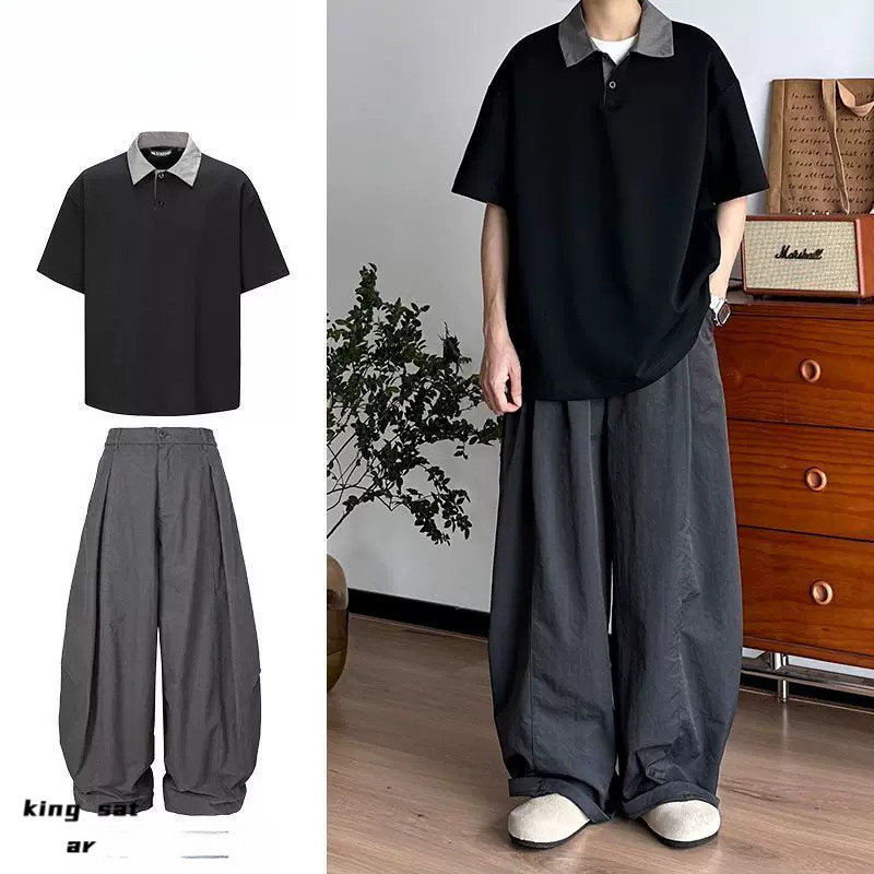 两件装/春夏日系复古格纹撞色polo衫凉感短袖T恤男生休闲通勤套装
