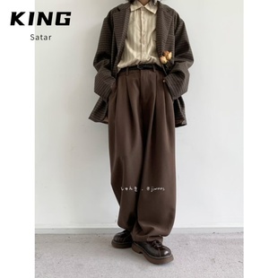 日系古着咖啡色西装裤男女潮牌阔腿宽松休闲裤子痞帅直筒垂感长裤