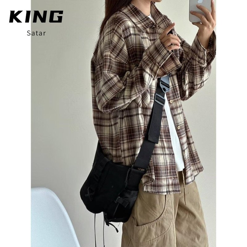 秋冬女装韩版批新款发休闲格子打底衬衣宽松大码复古衬衫薄外套潮