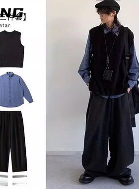 三件装/单件黑色马甲男女生学院风两侧开衩针织背心日系复古套装