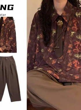 两件装/日系复古设计感花卉印花衬衫男女生春季高端长袖衬衫套装