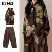 宽松休闲艺术感套装 三件装 男女生春季 衬衫 日系复古花卉印花长袖