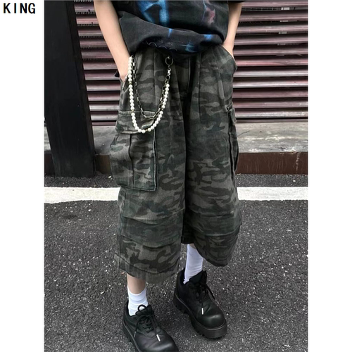DDNX弯刀型七分裤迷彩工装裤男女同款美式街头宽松直筒阔腿短裤潮