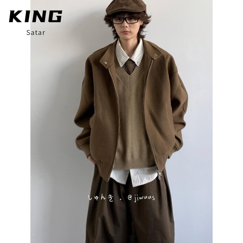 春秋套装日系复古立领插肩拉链夹克男女宽松休闲美拉德竖纹外套