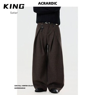 男老钱风cleanfit宽松秋冬阔腿裤 美式 设计感打褶呢料休闲西裤