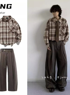 春秋款日系穿搭整套复古撞色格子衬衫男女生学院风休闲衬衣一套装