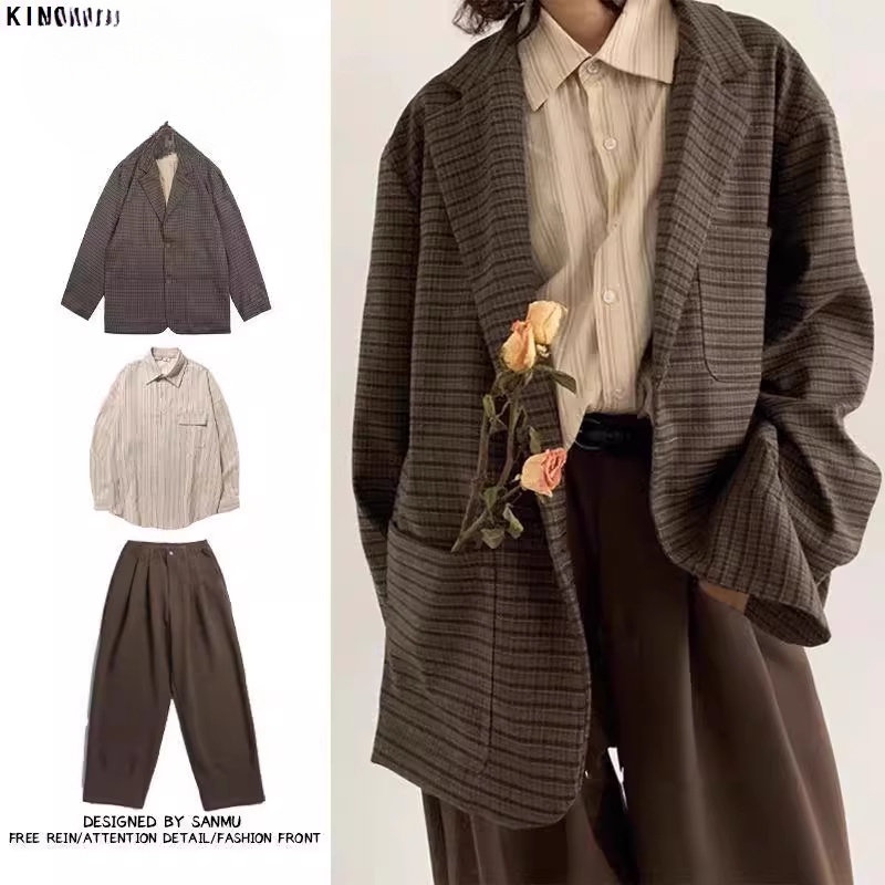 春秋日系复古穿搭整套细格纹西服男女宽松小众设计小西装休闲外套