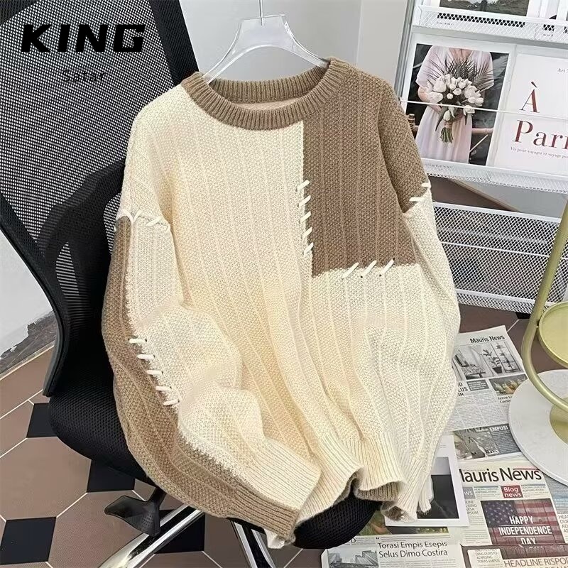 拼接撞色毛衣男生秋冬季潮牌宽松休闲韩版慵懒风设计感套头针织衫