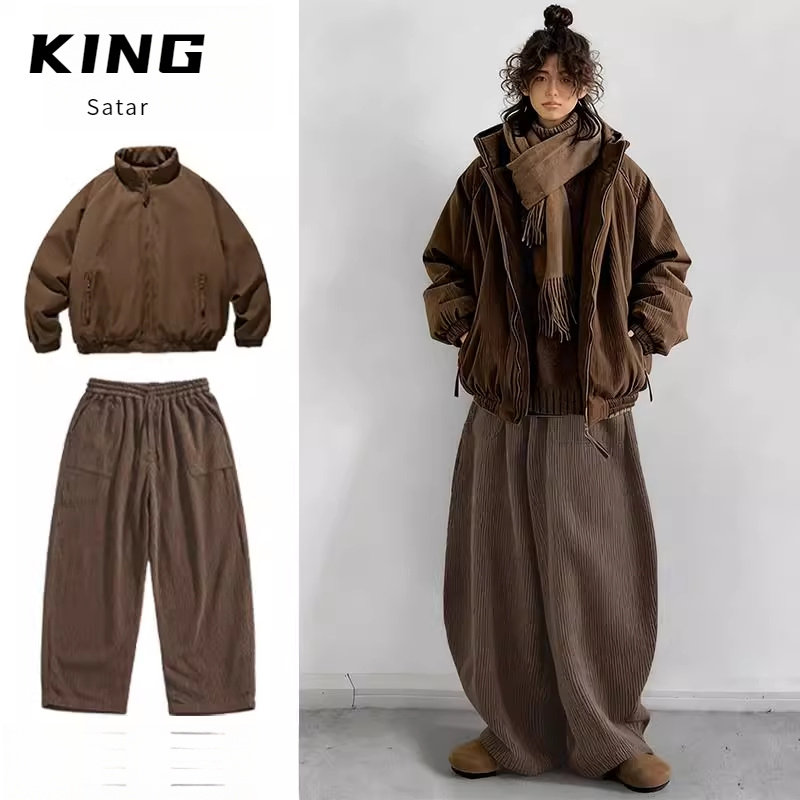 两件装/单件日系复古美拉德保暖棉衣灯芯绒阔腿休闲裤男冬季套装