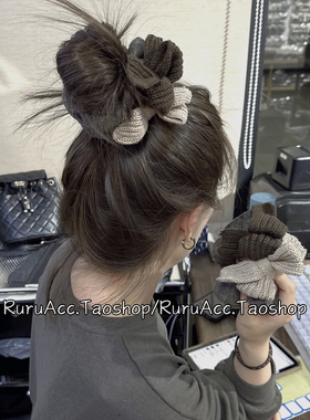 高级感小众咖色毛线蝴蝶结大肠发圈大版发量多头绳韩国丸子头发绳