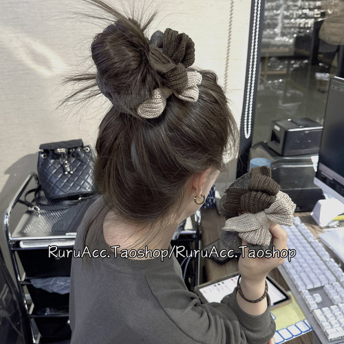 韩国高级咖色毛线蝴蝶结发圈头绳
