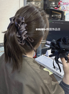 RURU设计款多层褶皱花边飘带蝴蝶结香蕉夹高马尾抓夹韩国盘发竖夹