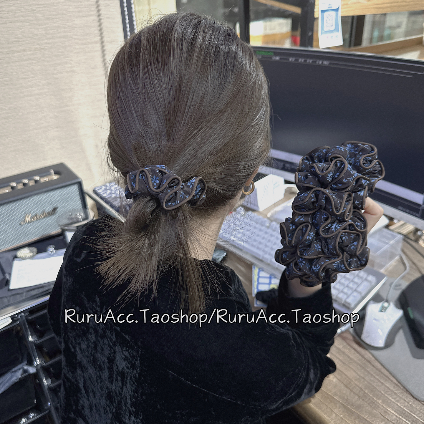 高级感复古蓝色碎花大肠发圈头绳