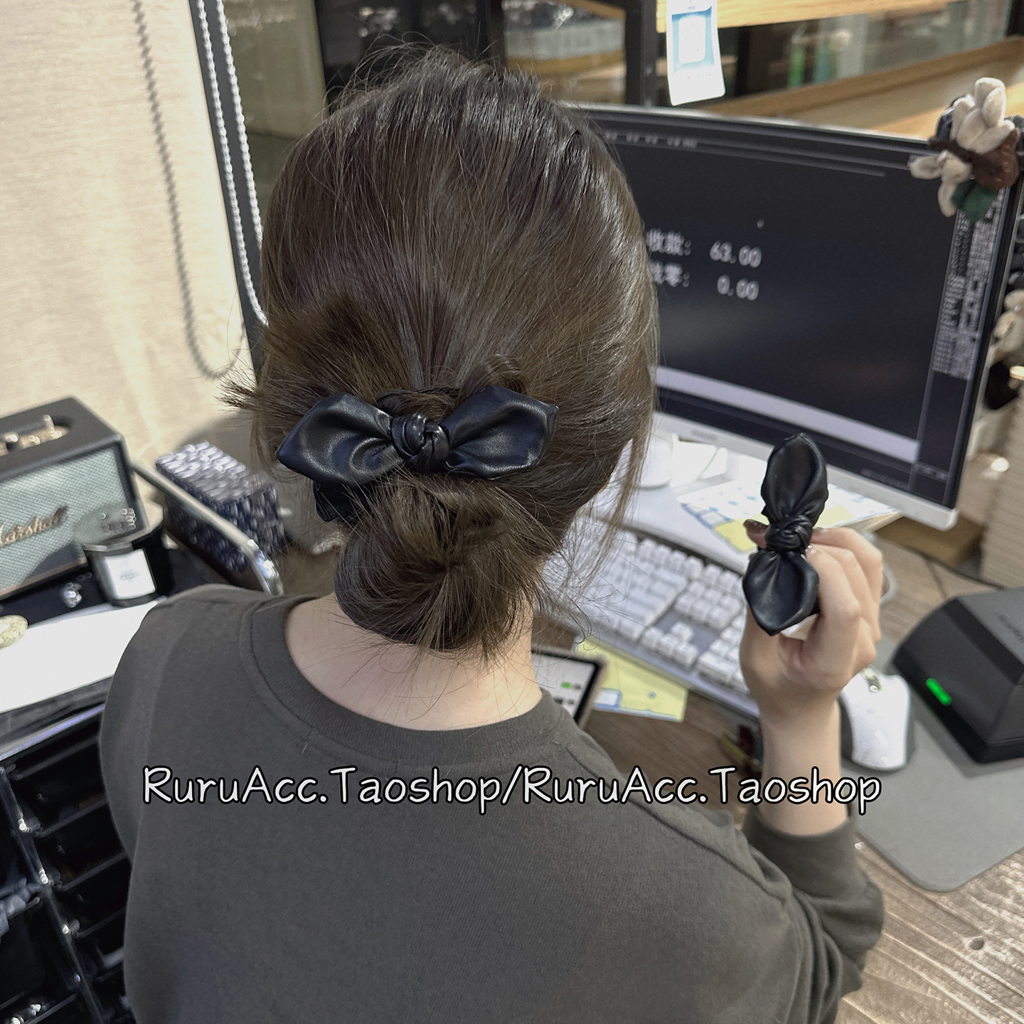 高级皮质感黑色蝴蝶结发圈扎头绳