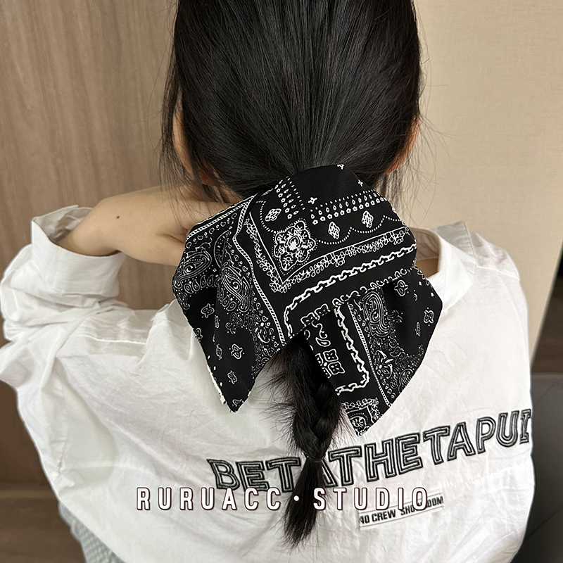 高级复古黑色腰果花方巾发圈头绳