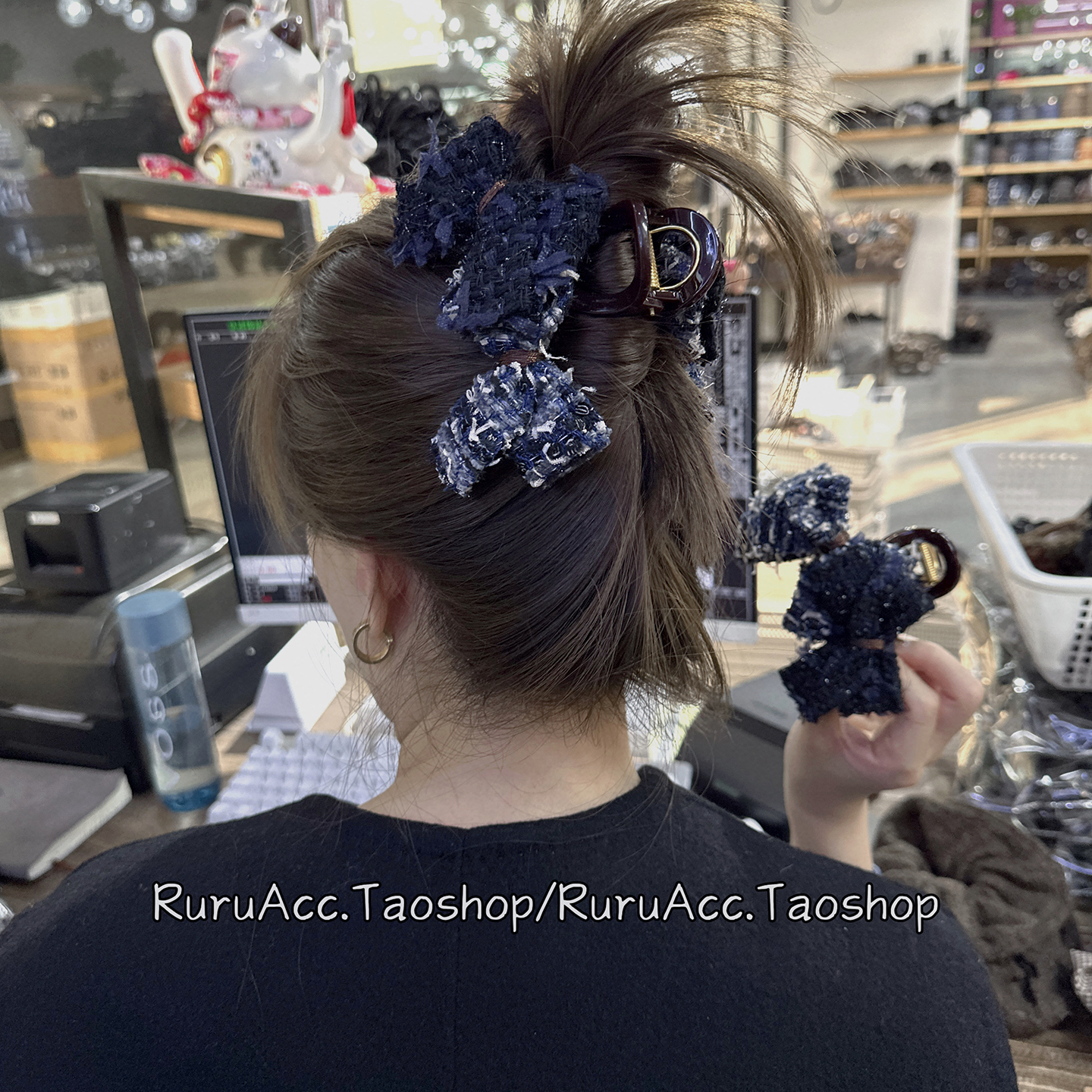 高级轻奢小香风蓝色蝴蝶结鲨鱼夹