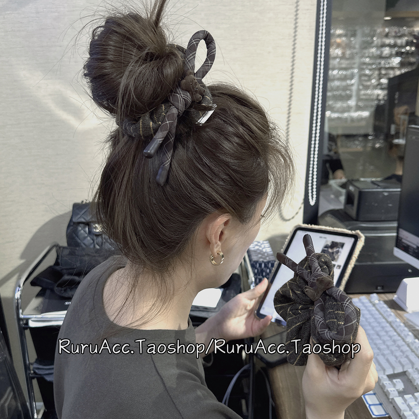 韩国小众黄咖色条纹小熊发圈头绳