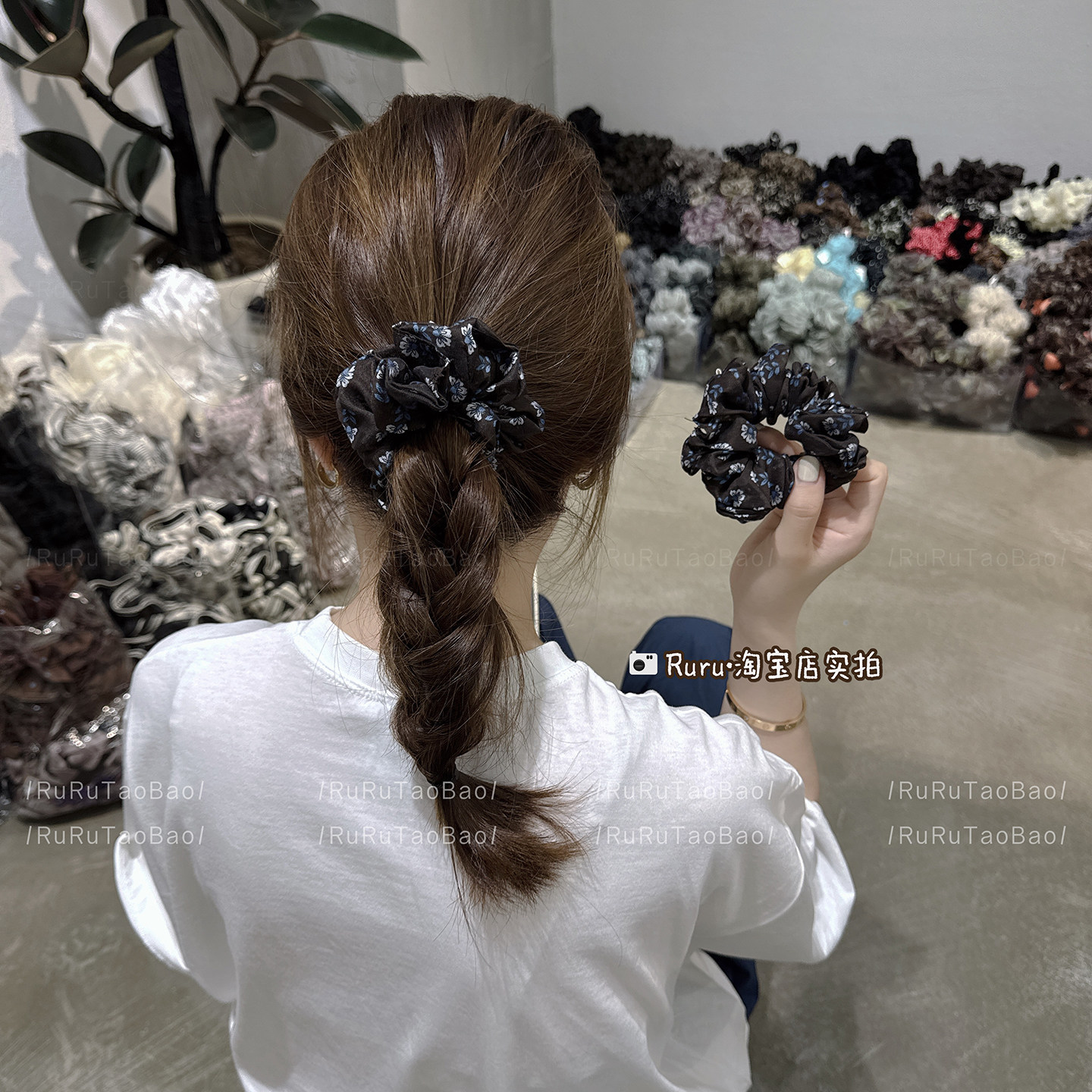 东大门高级咖蓝色碎花小肠圈发绳