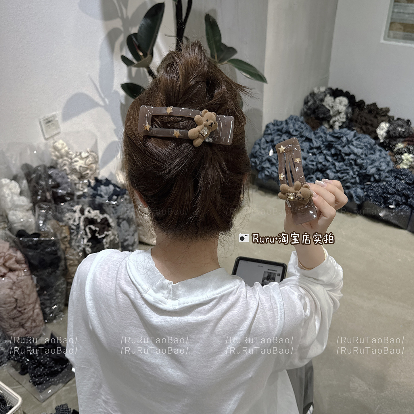 奶茶透色植绒小熊发夹后脑勺抓夹