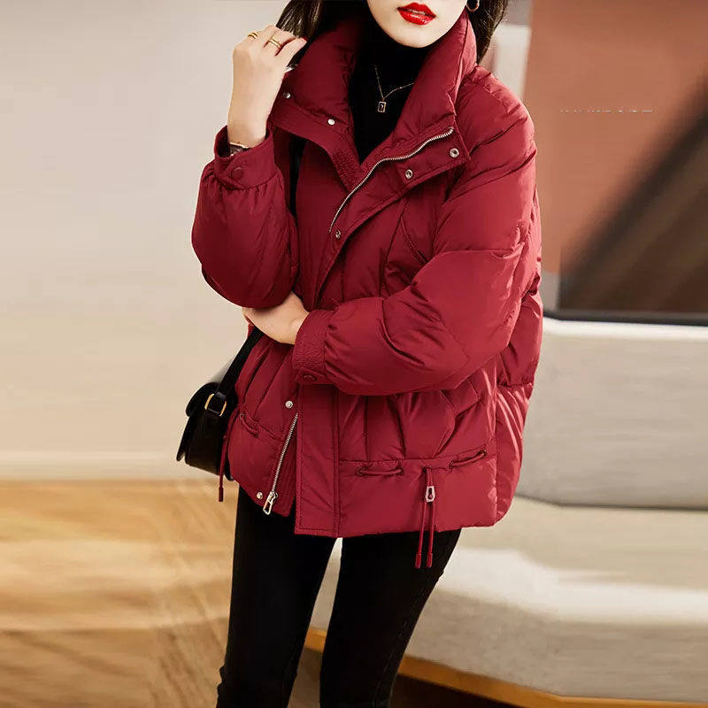 红色羽绒棉服女短款新款时尚宽松显瘦加厚保暖设计感小众棉衣外套