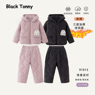 小黑托昵儿童睡衣男童女童冬季三层夹棉加绒加厚宝宝珊瑚绒家居服