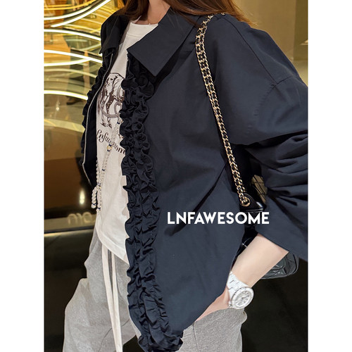 LNFAWESOME 午夜蓝水洗柔棉贝壳褶皱花边夹克