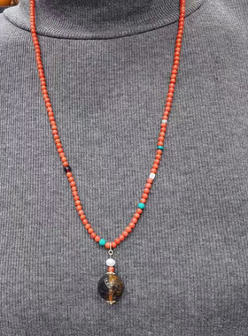 原创设计琥珀南红白贝珍珠欧泊绿松石万能扣项链琥珀吊坠可拆卸