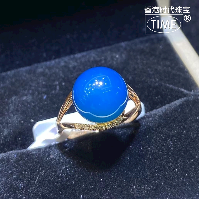 多米尼加天然蓝珀净水18K黄金色正品10-11MM戒指女士女款镶嵌钻石