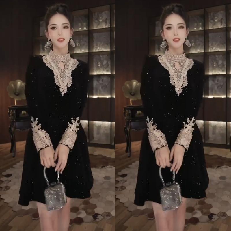 欧洲站收腰a字连衣裙女秋冬小个子显瘦气质黑色裙子法式宫廷礼服