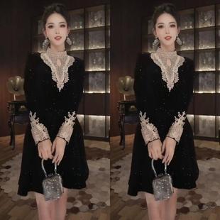 欧洲站收腰a字连衣裙女秋冬小个子显瘦气质黑色裙子法式宫廷礼服