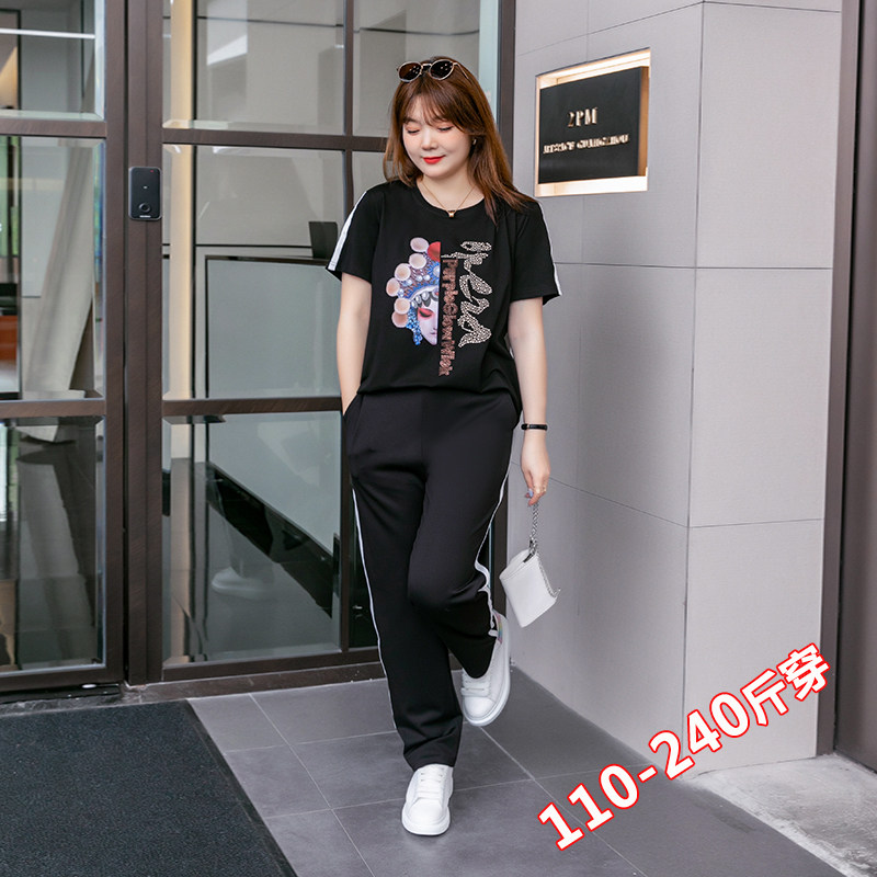 夏季时尚休闲两件套女加肥加大码中年妈妈宽松烫钻广场舞运动套装