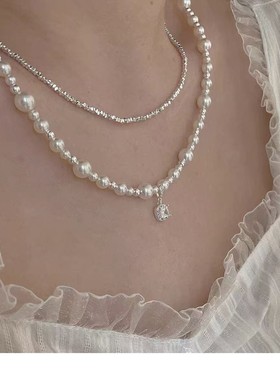 2025年配饰方糖白钻珍珠项链生日礼物锁骨链礼服气质新款高级感