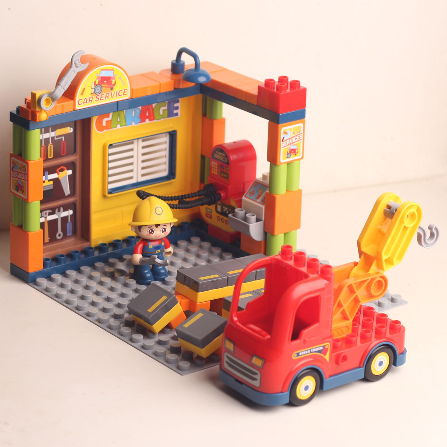 费乐大颗粒积木益智拼装玩具儿童加油站场景模型男孩宝宝工程车