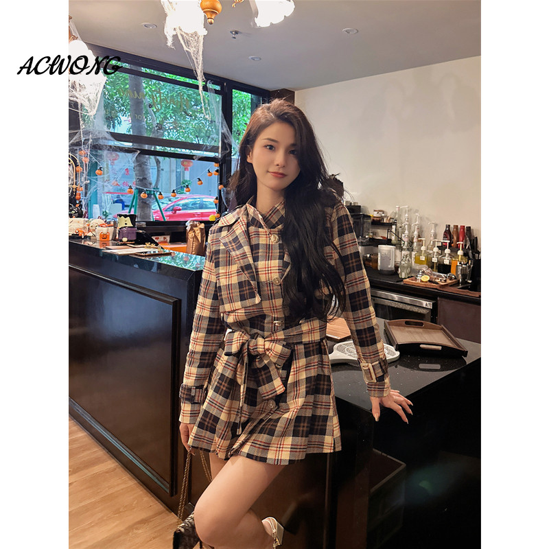 ACWONG小众原创复古格纹风衣英伦外套女连衣裙春夏翻领中长款大衣