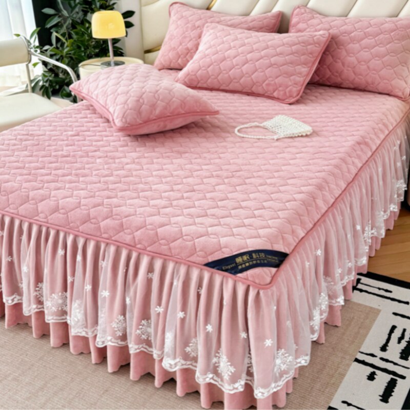 高档牛奶绒加厚夹棉床裙单件双层花边床单床罩套遮丑带裙边三件套