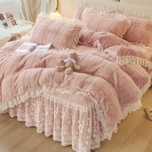 韩版冬季加厚牛奶绒四件套蕾丝床裙款冬天珊瑚绒被套法兰加绒床单