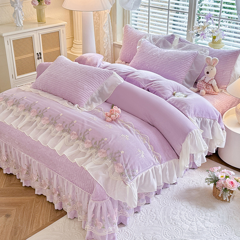 韩式公主风牛奶绒夹棉床盖四件套冬季加厚法兰珊瑚绒被套加绒床品