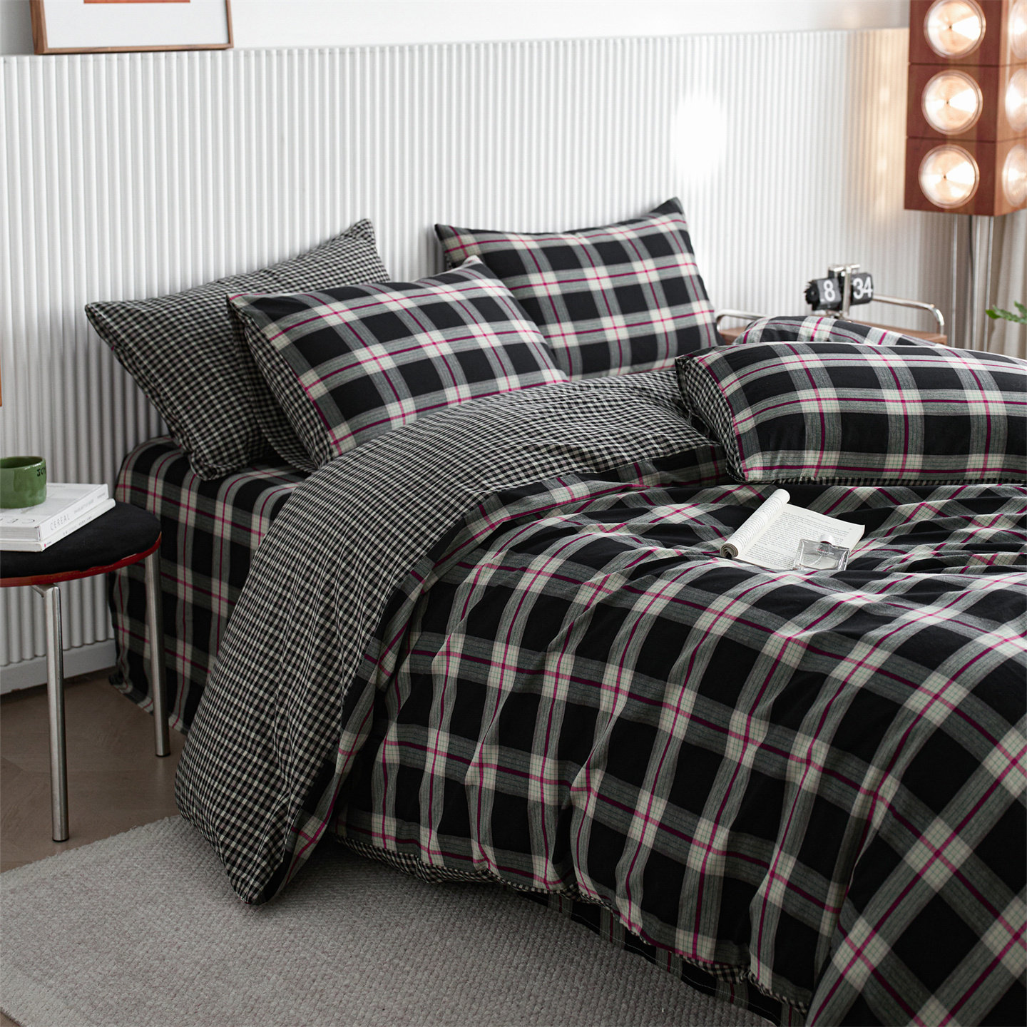 复古风黑白格子床上四件套纯棉全棉舒适新款水洗棉被套床单床笠